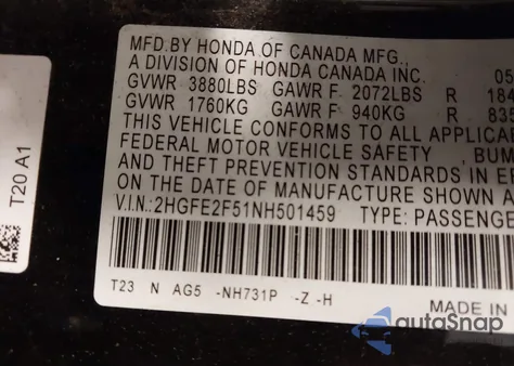 2022 Honda Civic Sport из США, поврежденный, VIN 2HGFE2F51NH501459